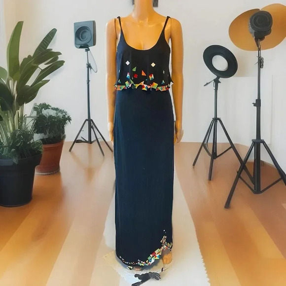 VTG Y2K Boundary&Co Women’s S Colorful Patchwork Geometric Black Goth Maxi Dress - Picture 1 of 14